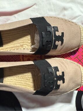 Tory Burch Beige Canvas Espadrilles with Black Logo Strap